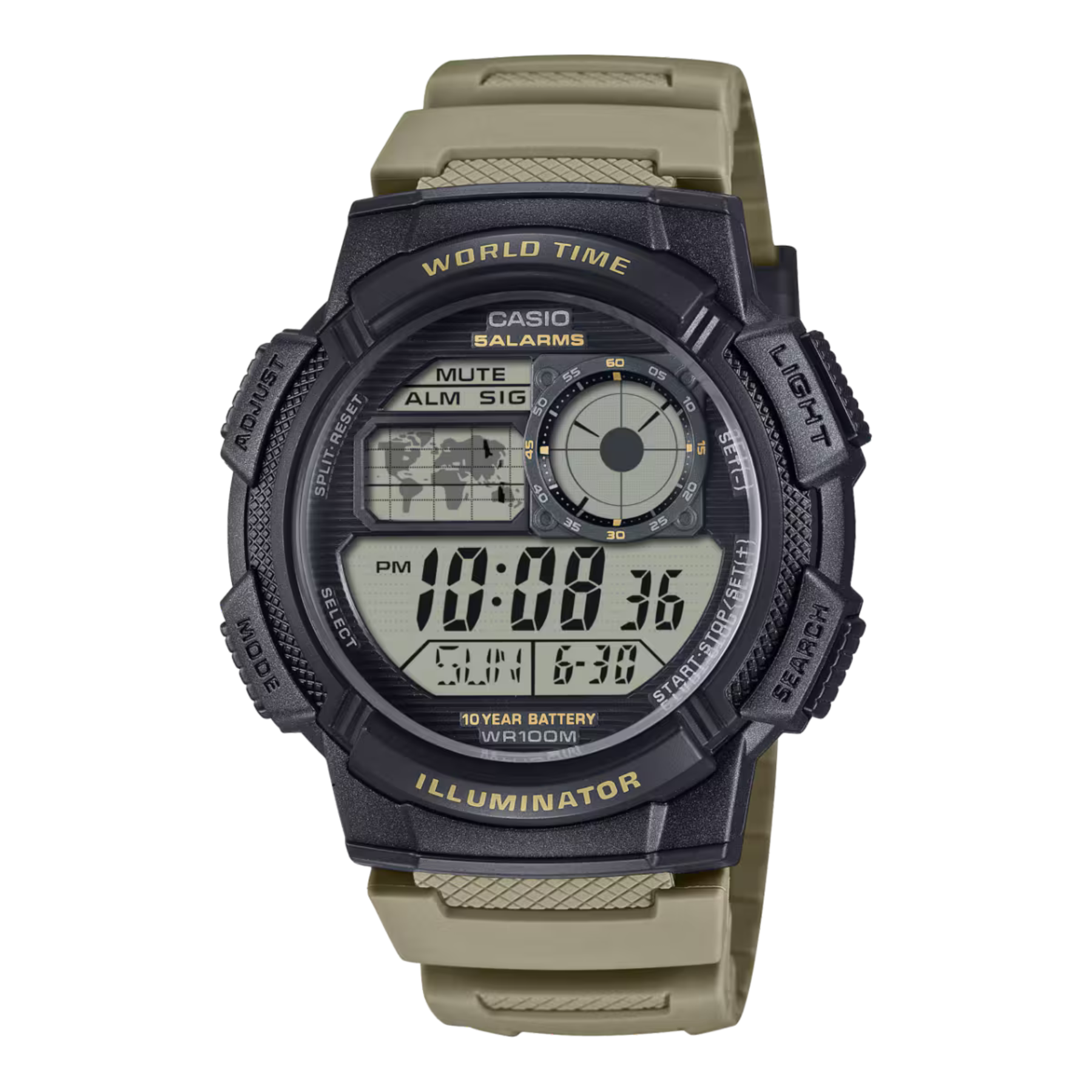 Casio digital watch with a beige strap on a white background