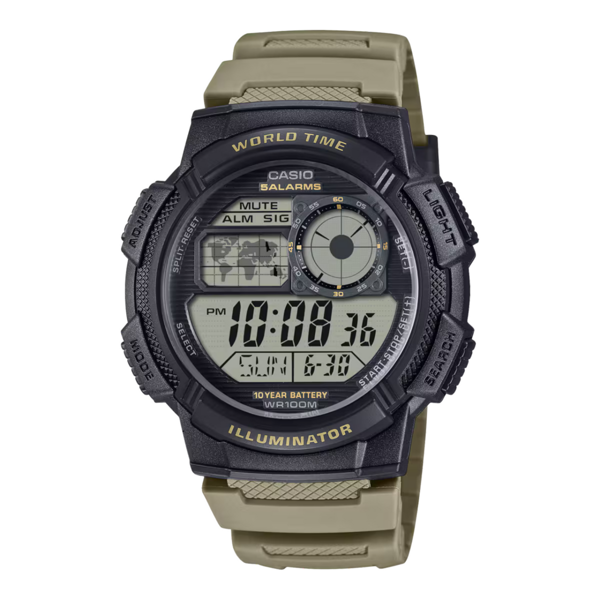 Casio digital watch with a beige strap on a white background