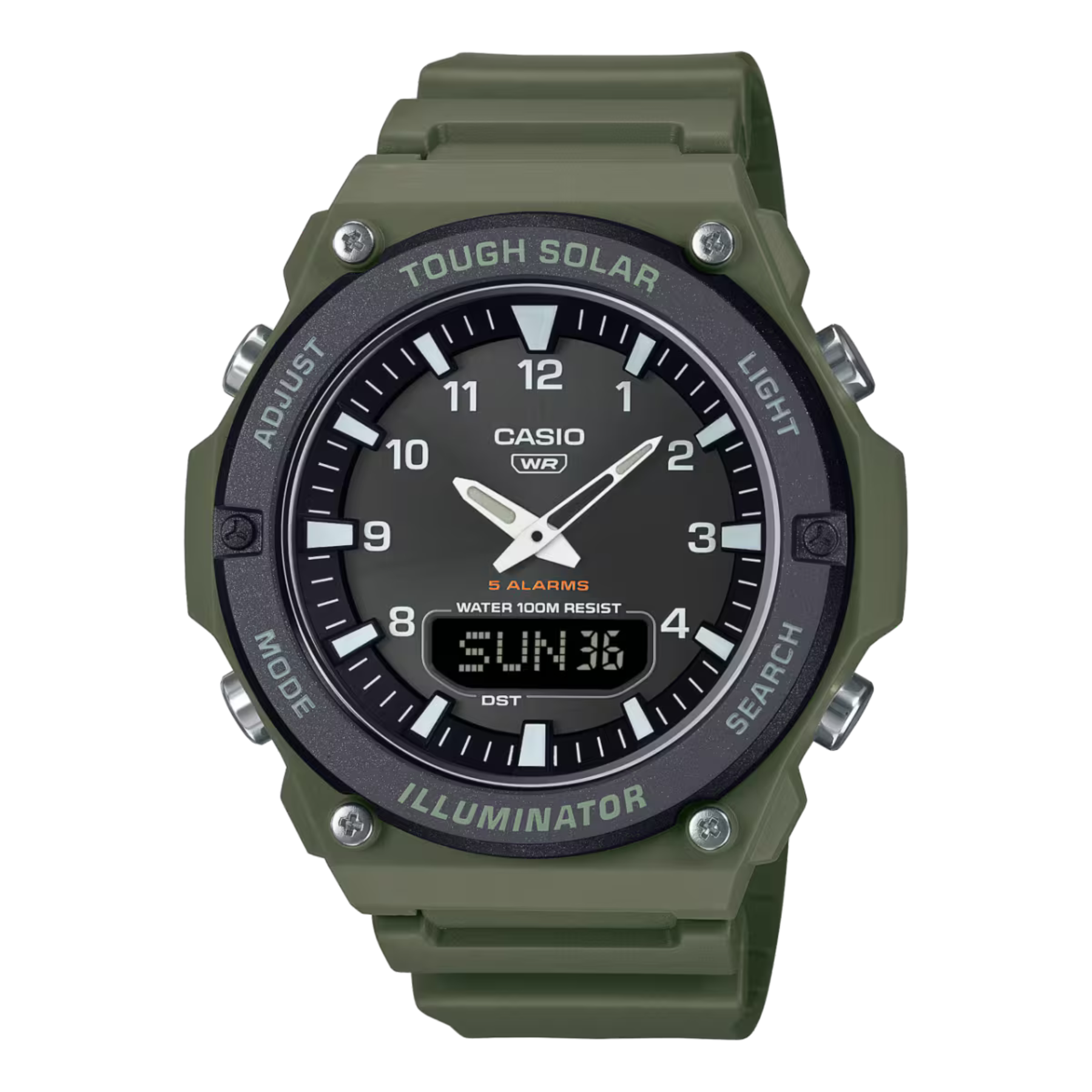 Green Casio watch with digital and analog display on a white background