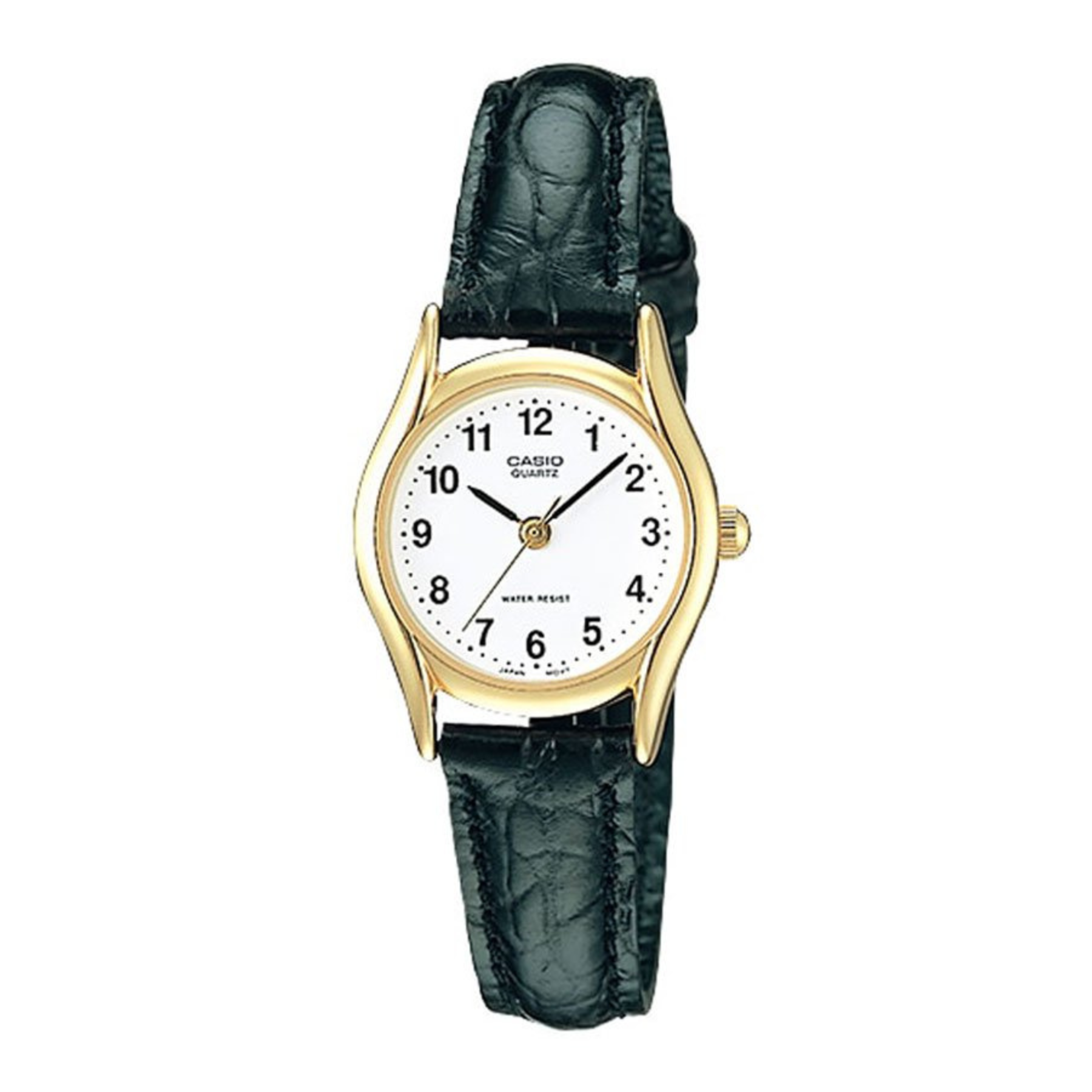 Casio watch with black leather strap and gold case on a white background