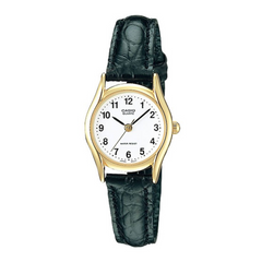 Casio watch with black leather strap and gold case on a white background