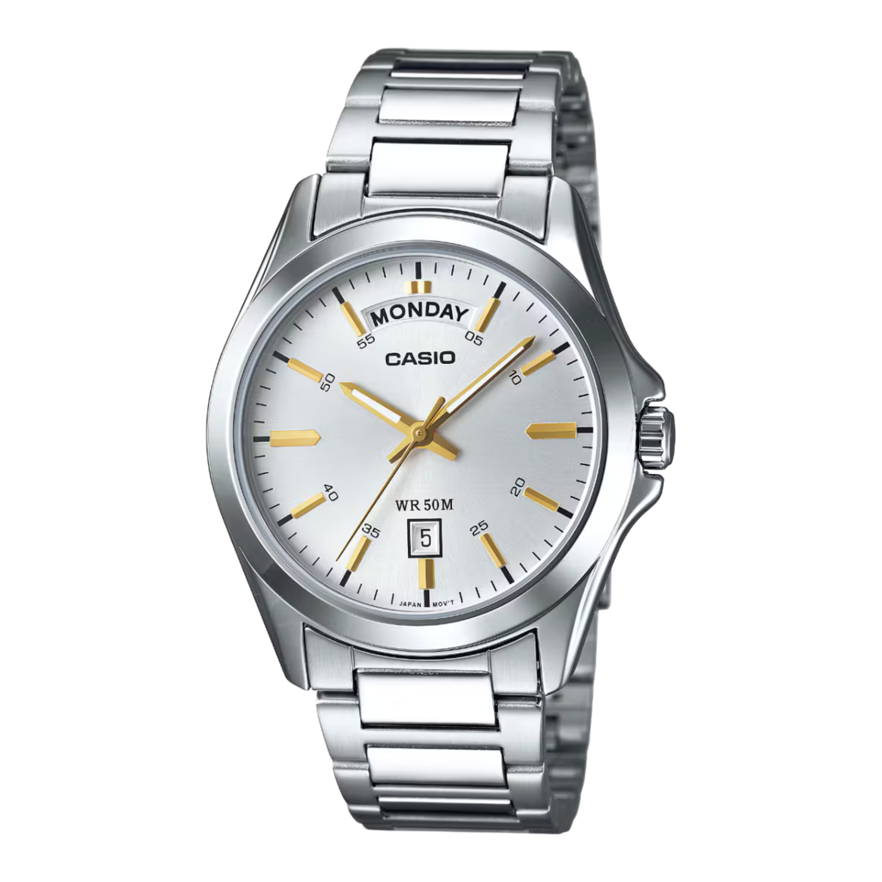 Casio watch with silver metal strap and white dial on a white background