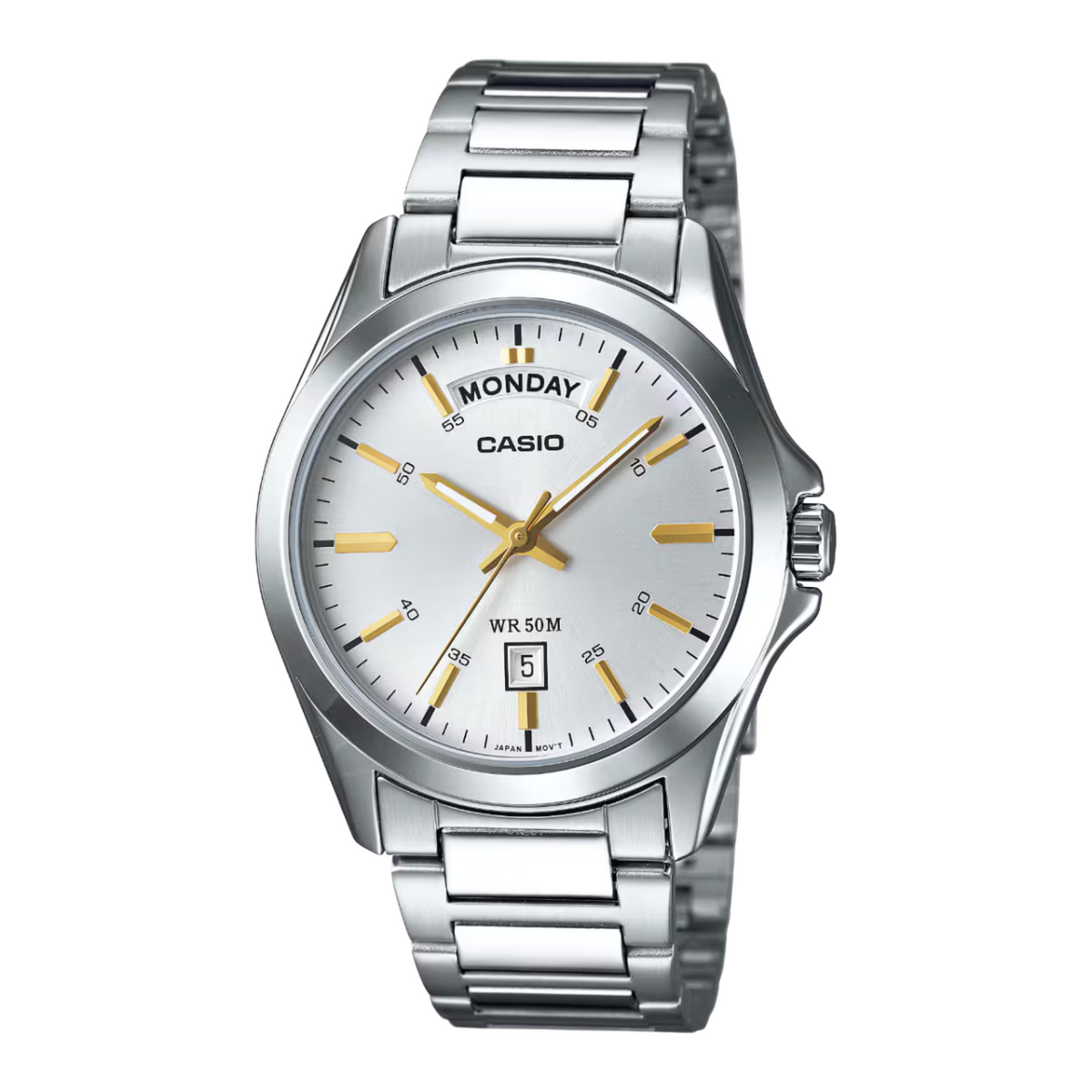 Casio watch with silver metal strap and white dial on a white background