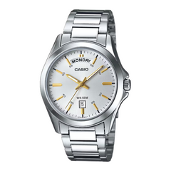 Casio watch with silver metal strap and white dial on a white background