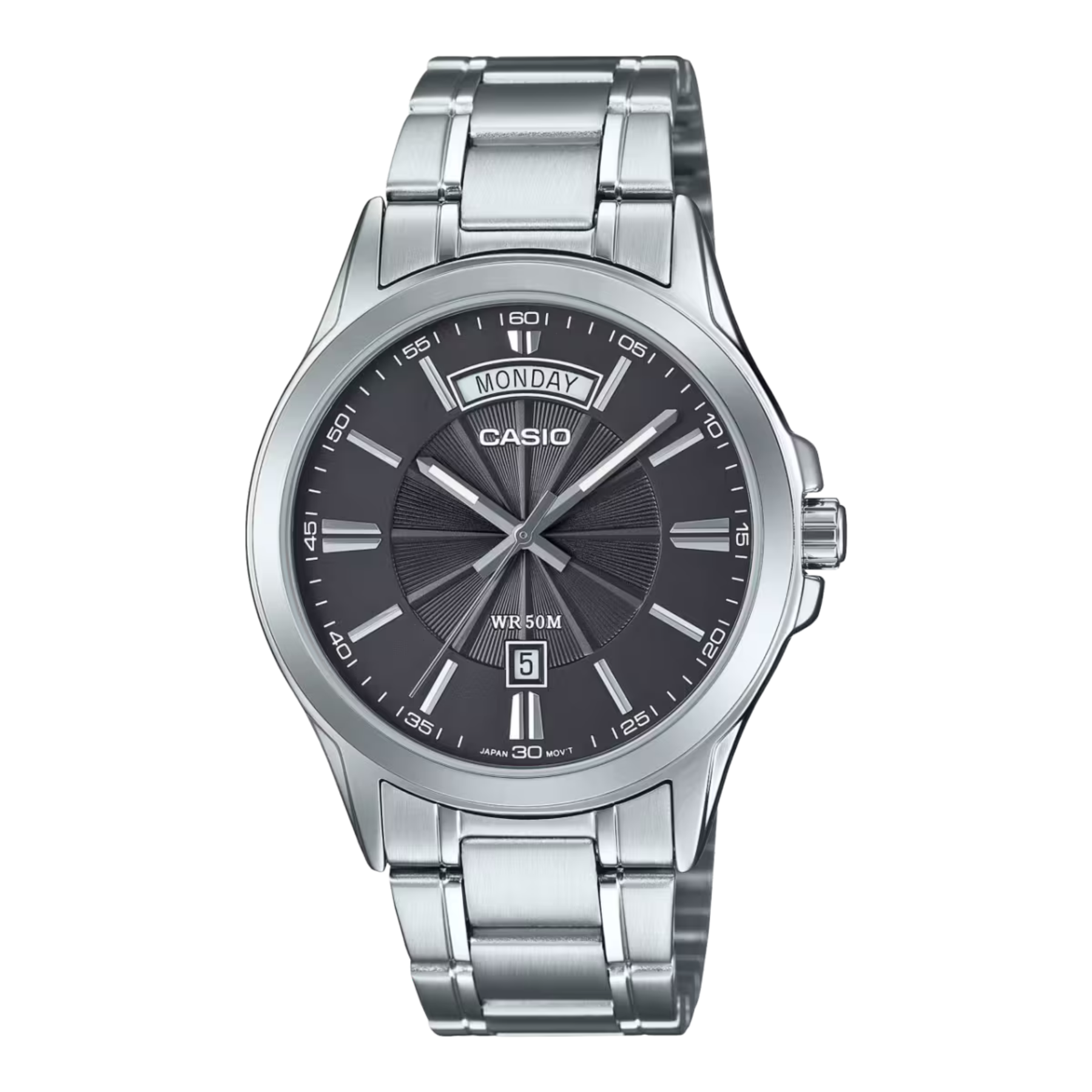 Casio watch with silver metal strap and dark face on a white background