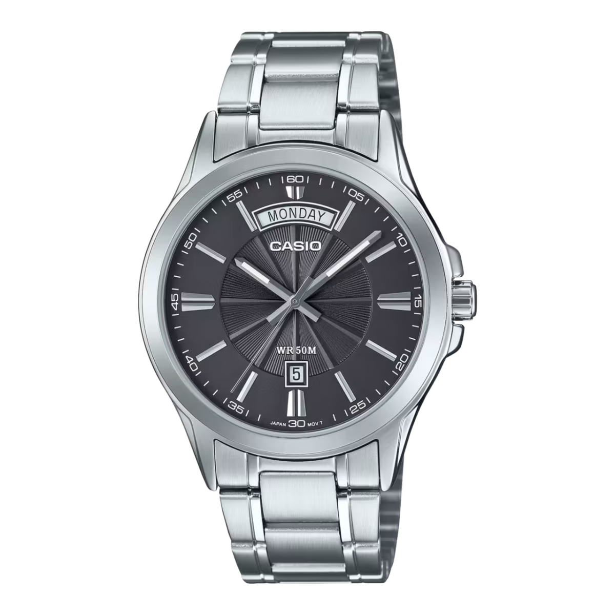 Casio watch with silver metal strap and dark face on a white background