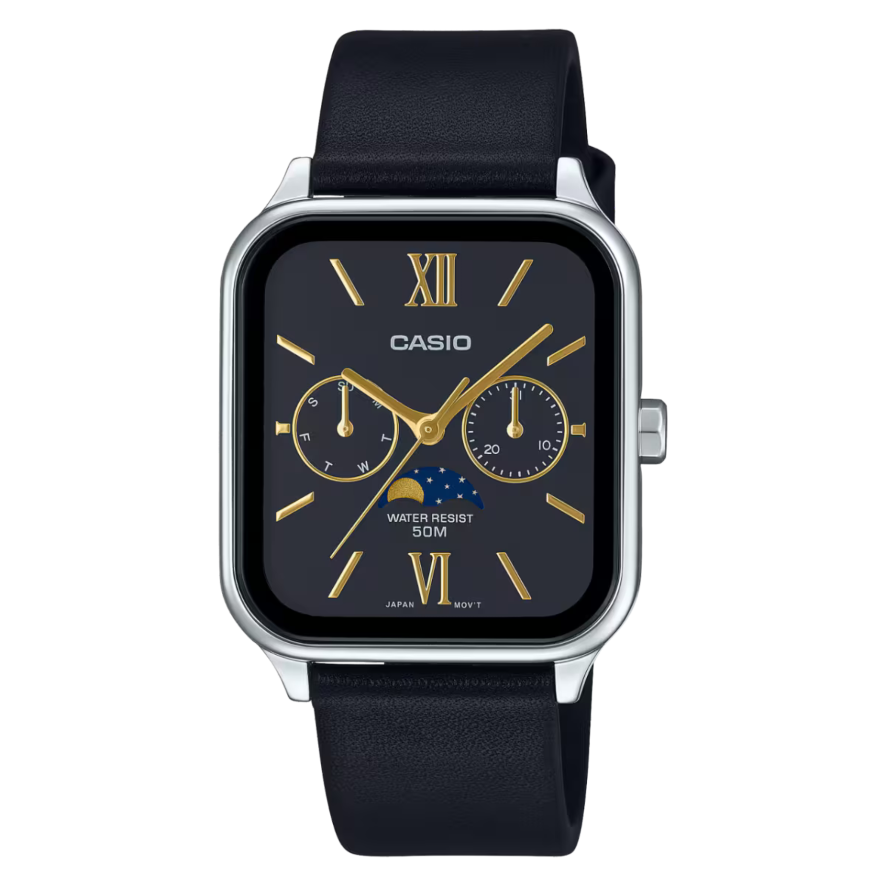 Casio watch with black strap and black face on a white background