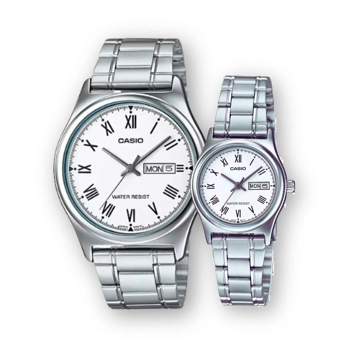 Casio watch set with silver metal straps on a white background