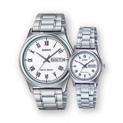 Casio watch set with silver metal straps on a white background