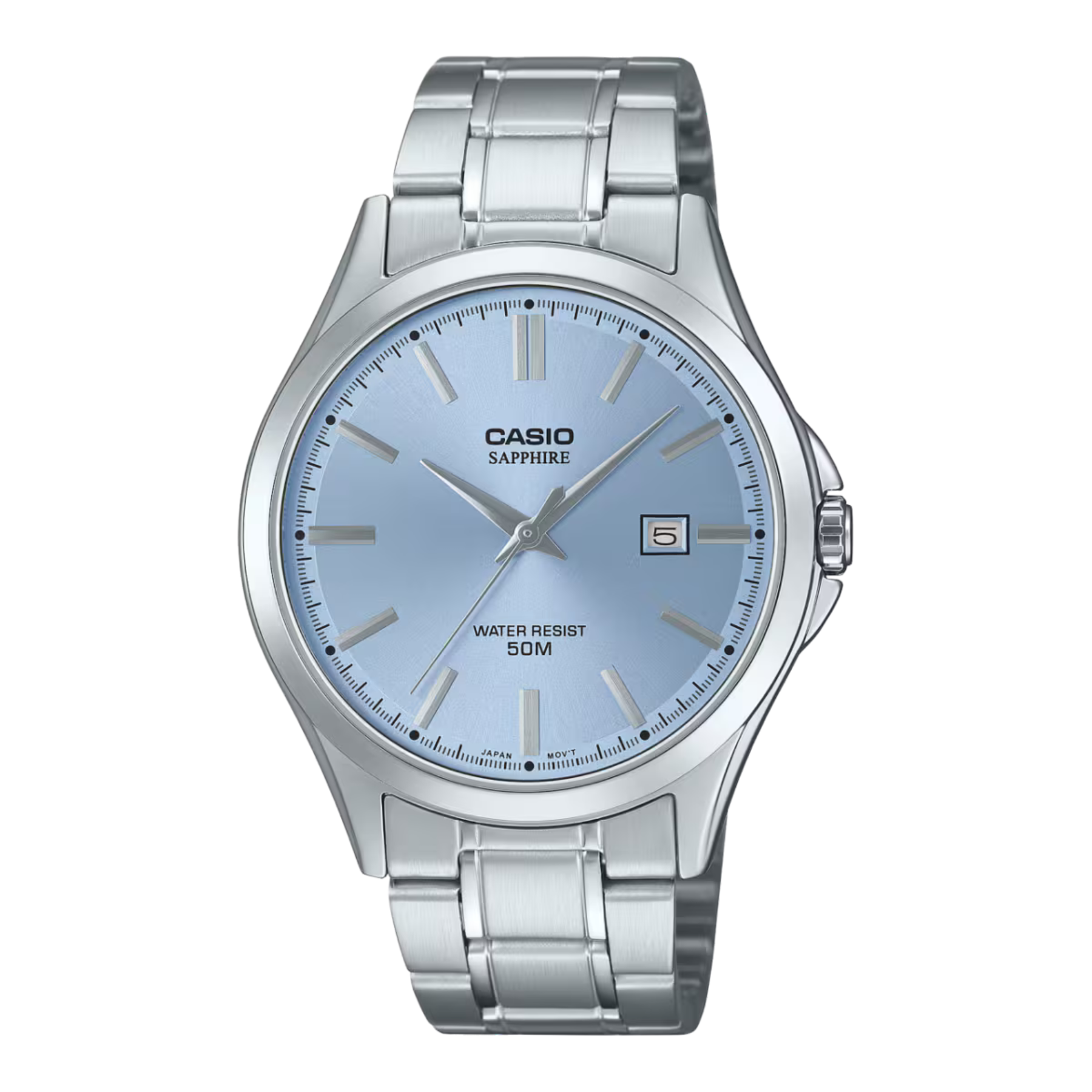 Silver Casio watch with a light blue face on a white background