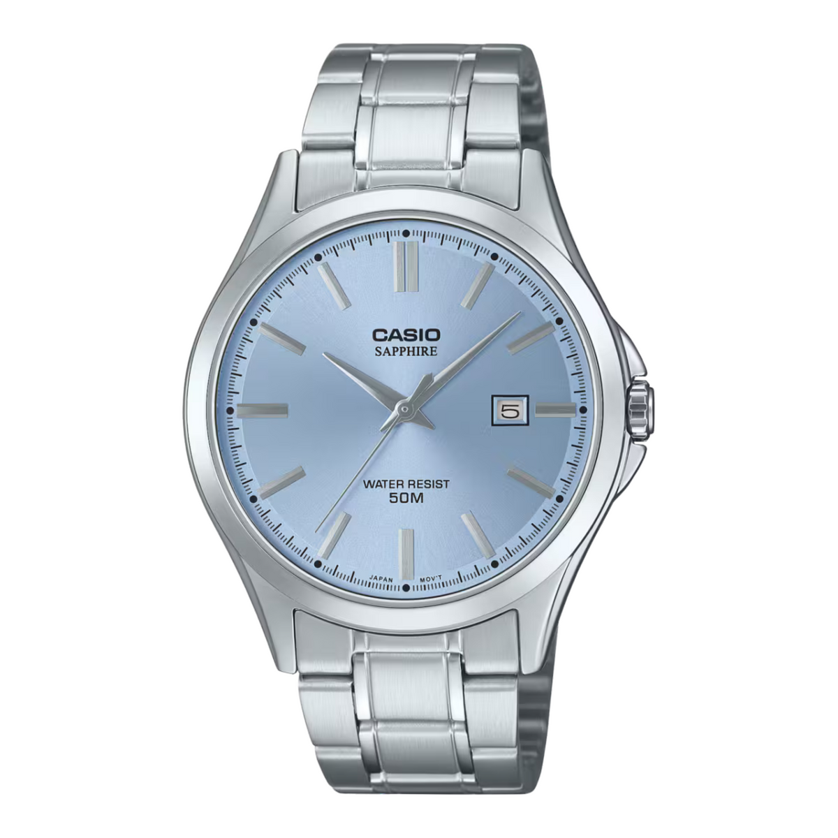 Silver Casio watch with a light blue face on a white background