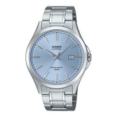 Silver Casio watch with a light blue face on a white background