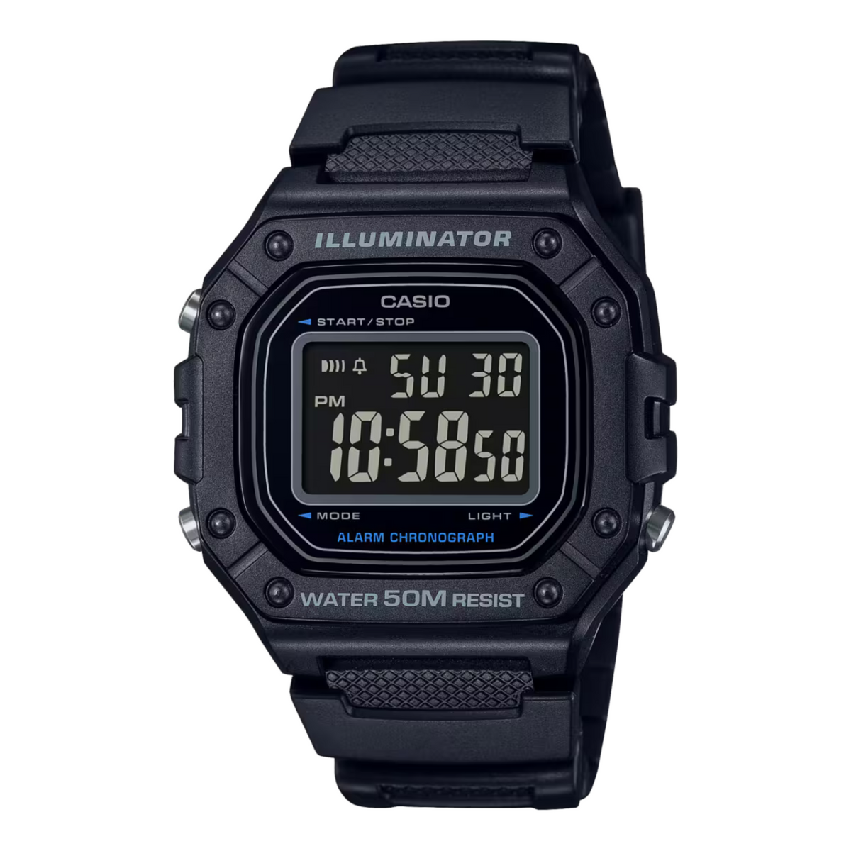 Black Casio digital watch on a white background