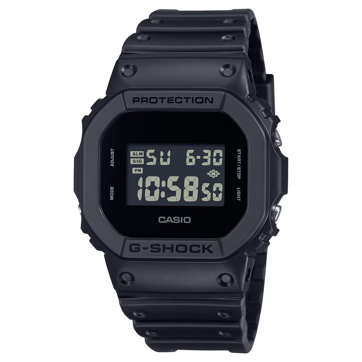 Black Casio G-Shock digital watch on a white background