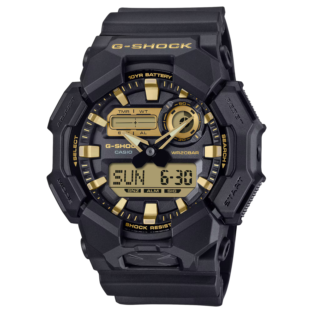 Casio G-Shock GA-010GB-1A9DR – Black & Gold Analog-Digital, 10-Year Battery