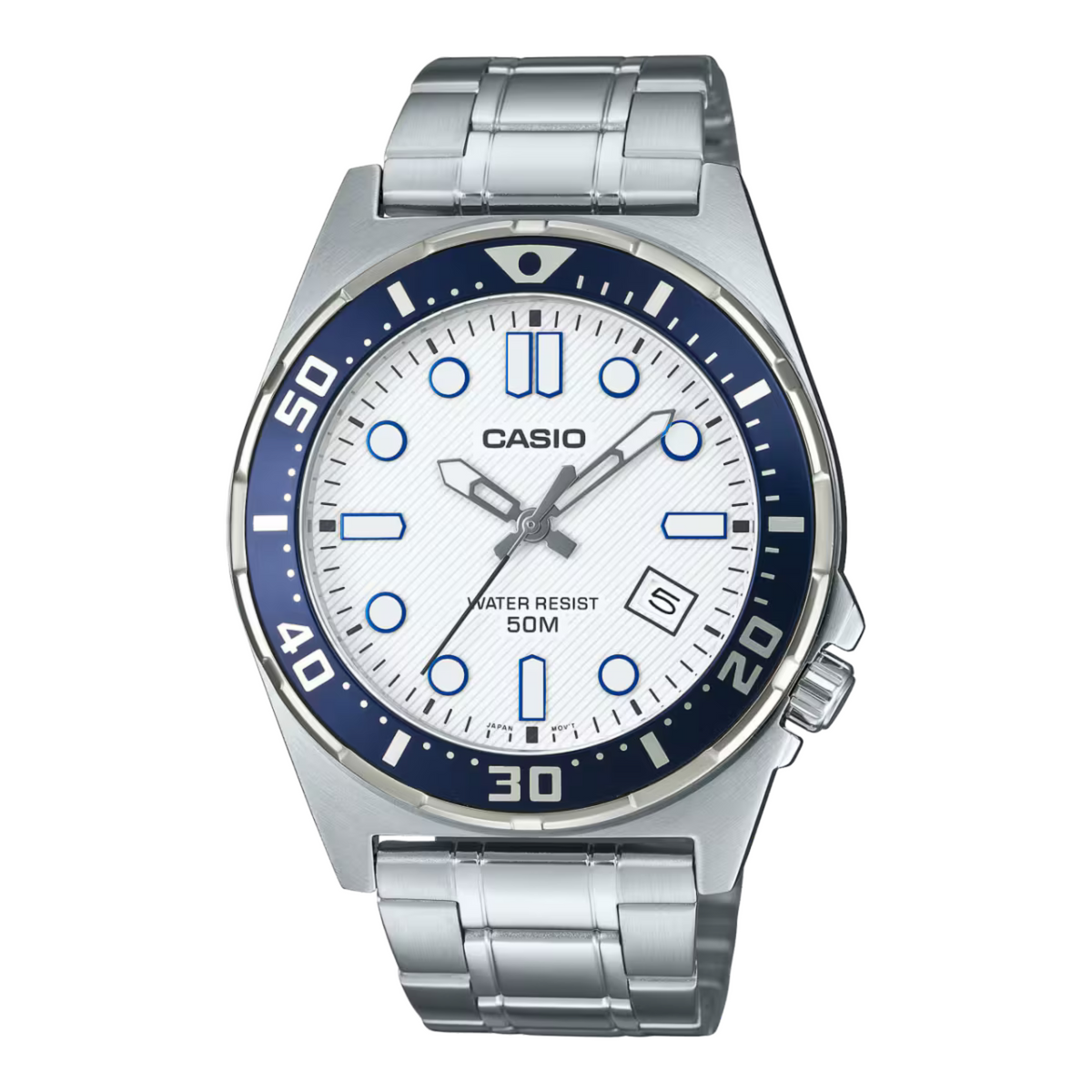 Casio watch with silver band and blue accents on a white background