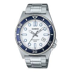 Casio watch with silver band and blue accents on a white background