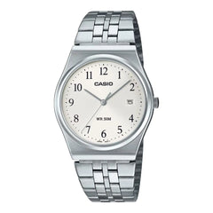 Silver Casio watch with a white face on a white background