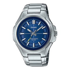 Casio watch with blue face and silver band on a white background