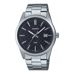 Casio watch with silver metal strap and black dial on a white background