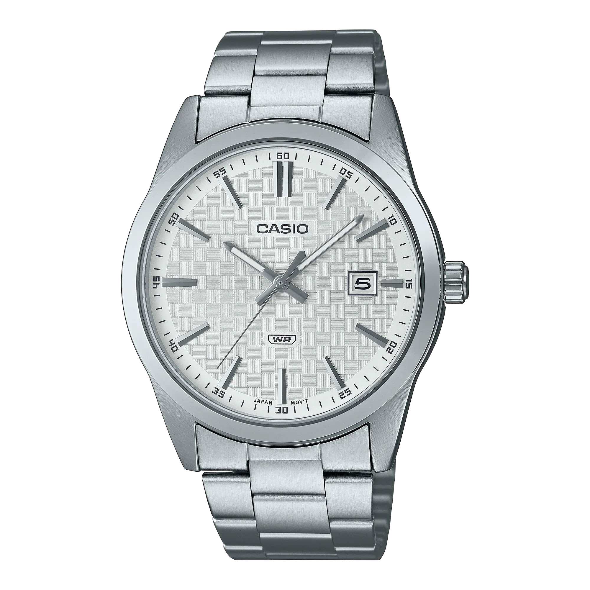 Silver Casio watch with a white face on a white background