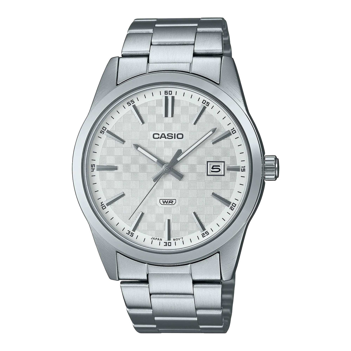 Silver Casio watch with a white face on a white background