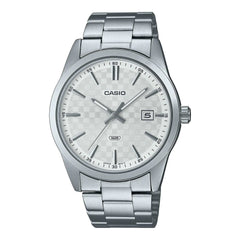 Silver Casio watch with a white face on a white background