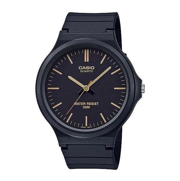 Black Casio watch with gold accents on a white background