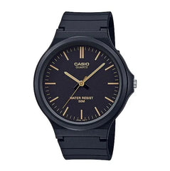 Black Casio watch with gold accents on a white background
