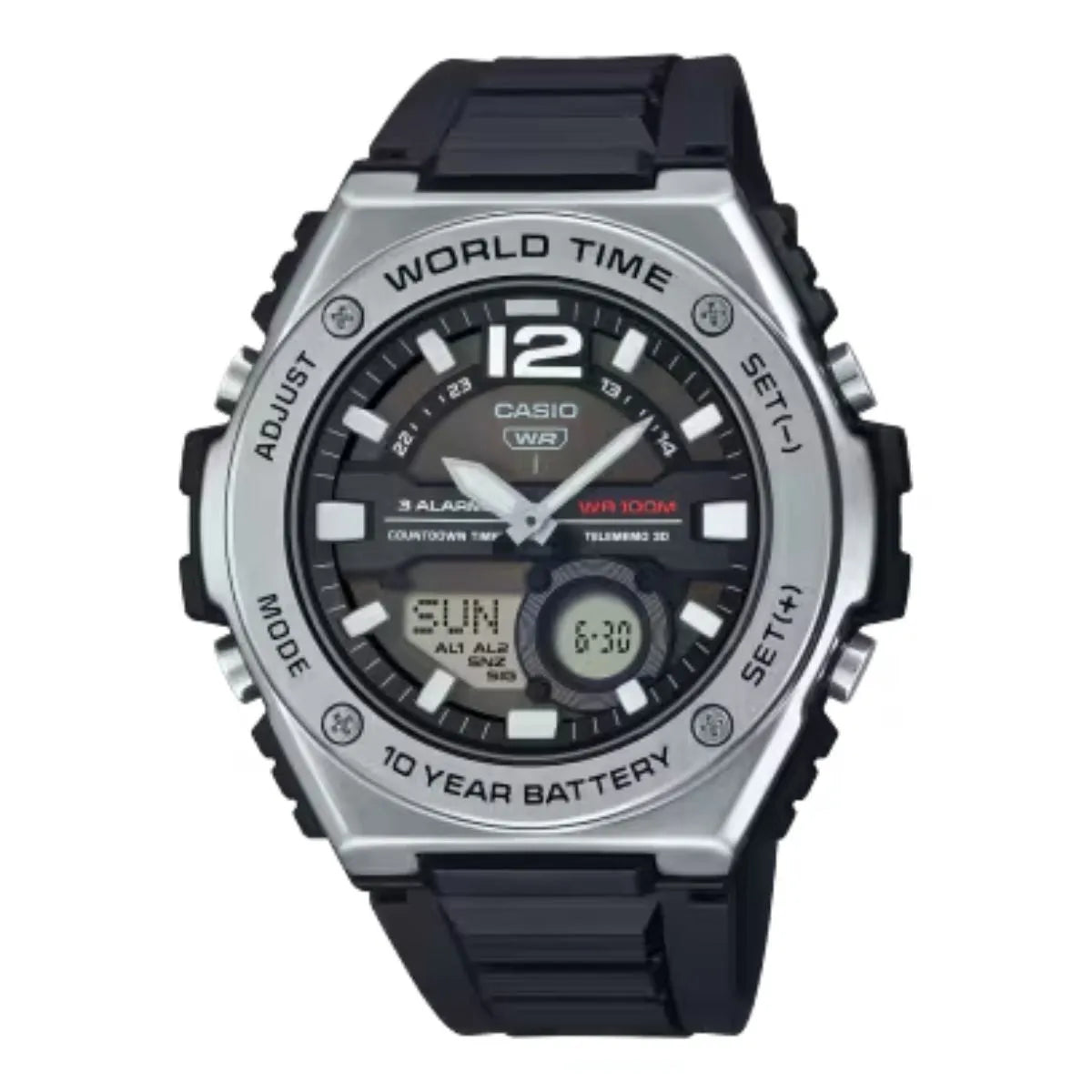 Casio watch with black strap and silver casing on a white background