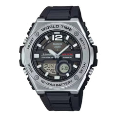 Casio watch with black strap and silver casing on a white background