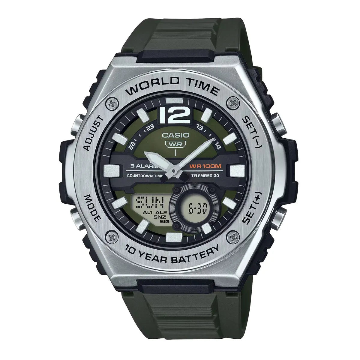 Casio watch with digital and analog display on a white background
