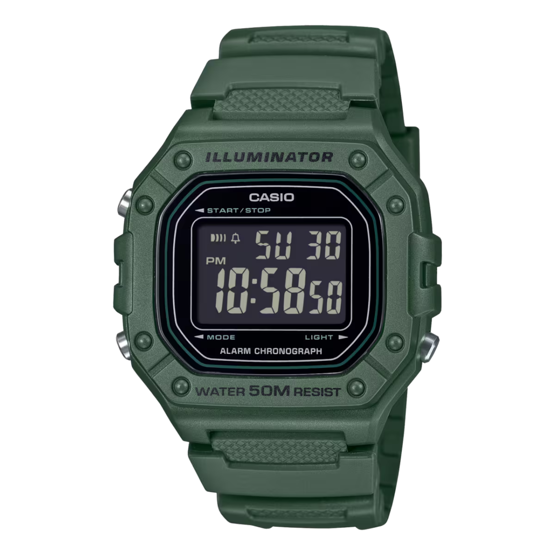 Green Casio digital watch on a white background