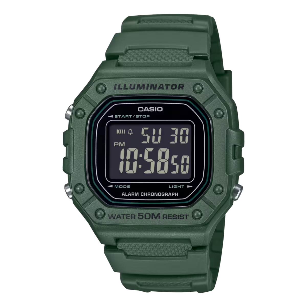 Green Casio digital watch on a white background