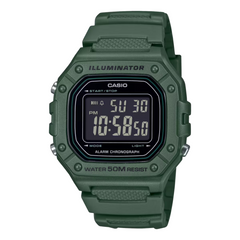 Green Casio digital watch on a white background